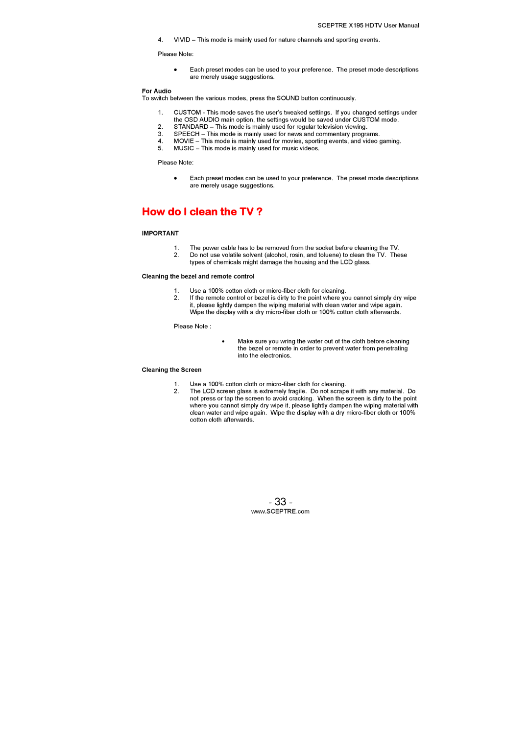 Sceptre Technologies X195 How do I clean the TV ?, For Audio, Cleaning the bezel and remote control, Cleaning the Screen 