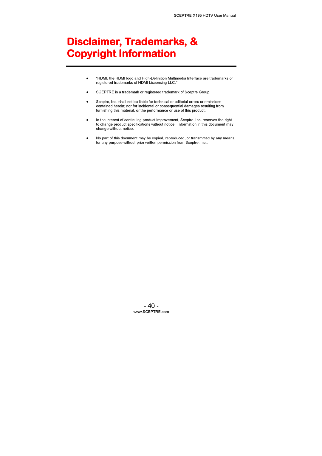 Sceptre Technologies X195 user manual Disclaimer, Trademarks, & Copyright Information 