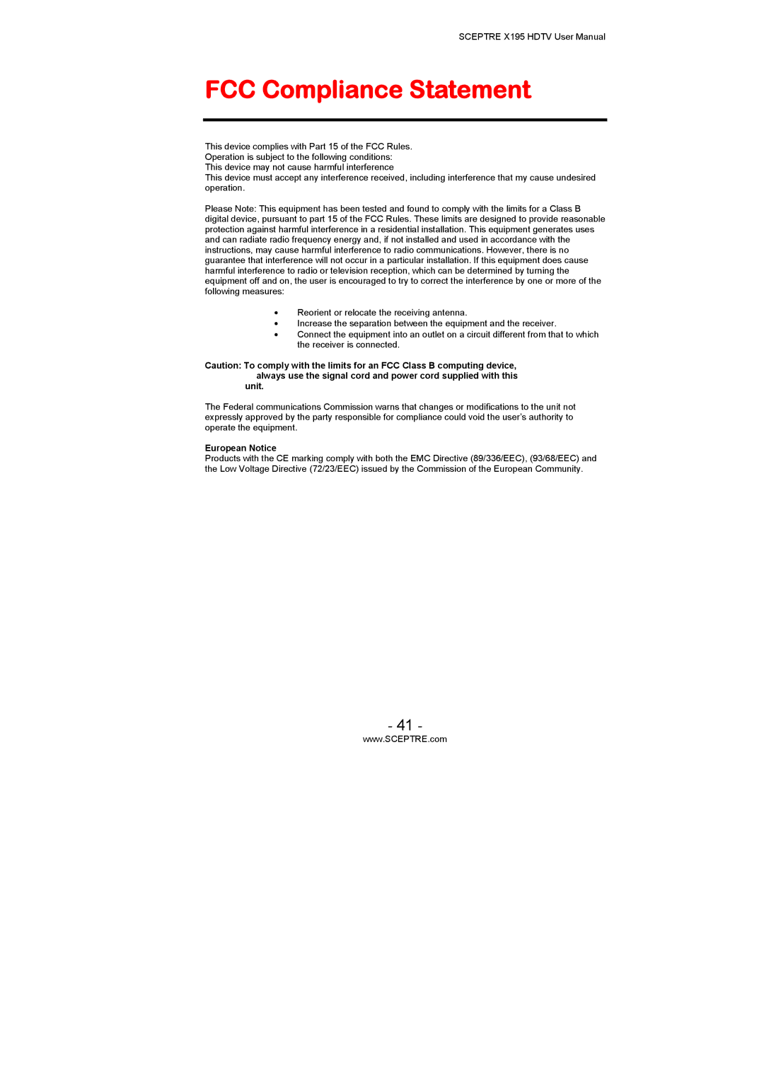 Sceptre Technologies X195 user manual FCC Compliance Statement, Unit, European Notice 