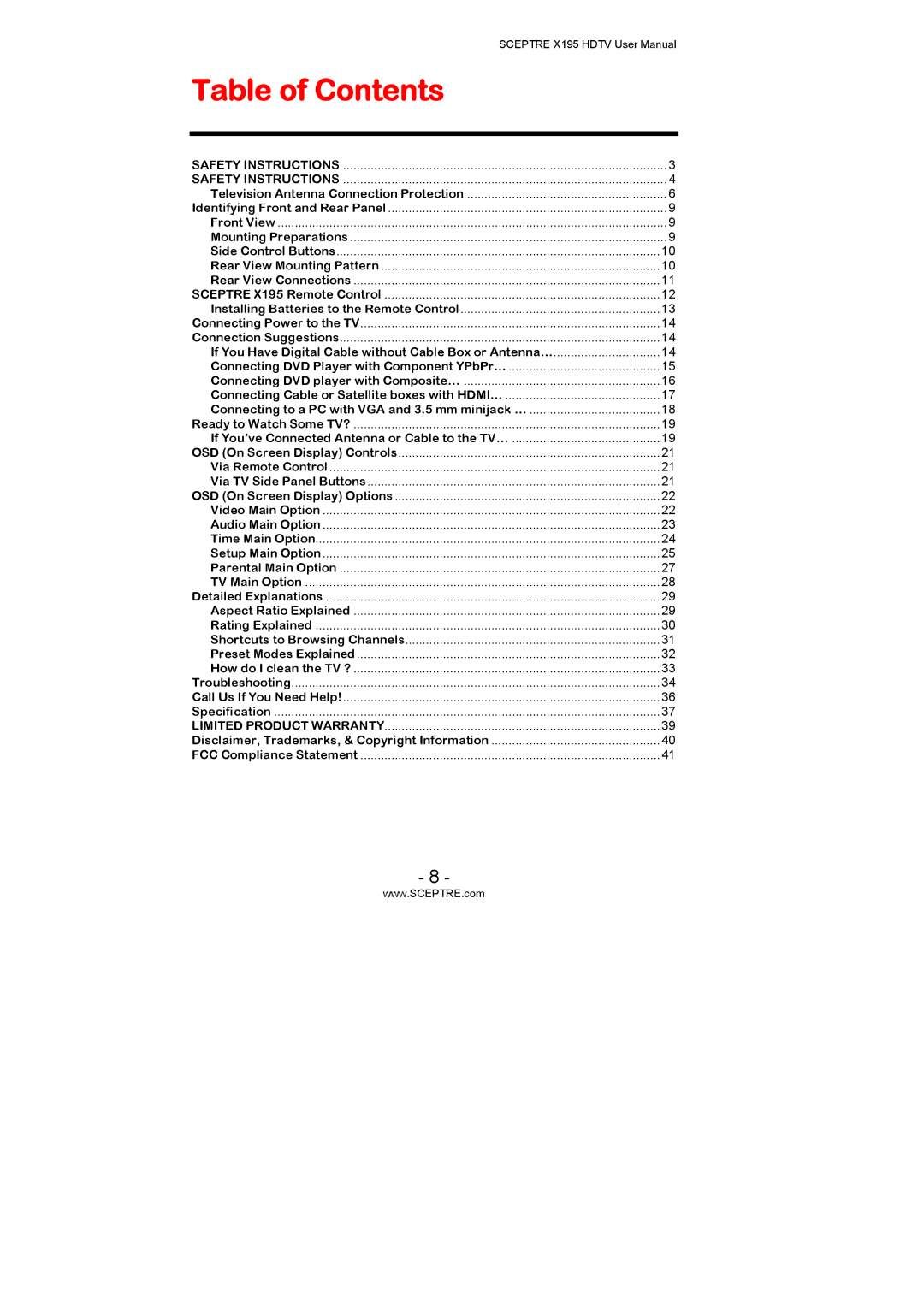 Sceptre Technologies X195 user manual Table of Contents 