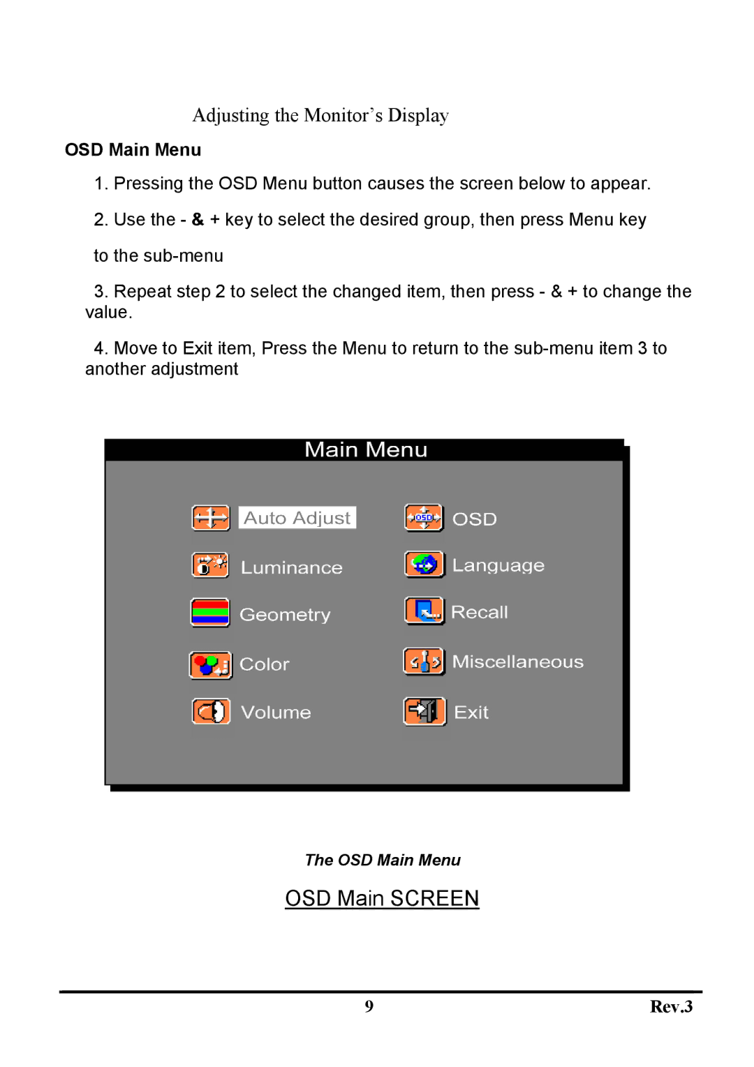 Sceptre Technologies X20WG-Naga user manual OSD Main Screen 