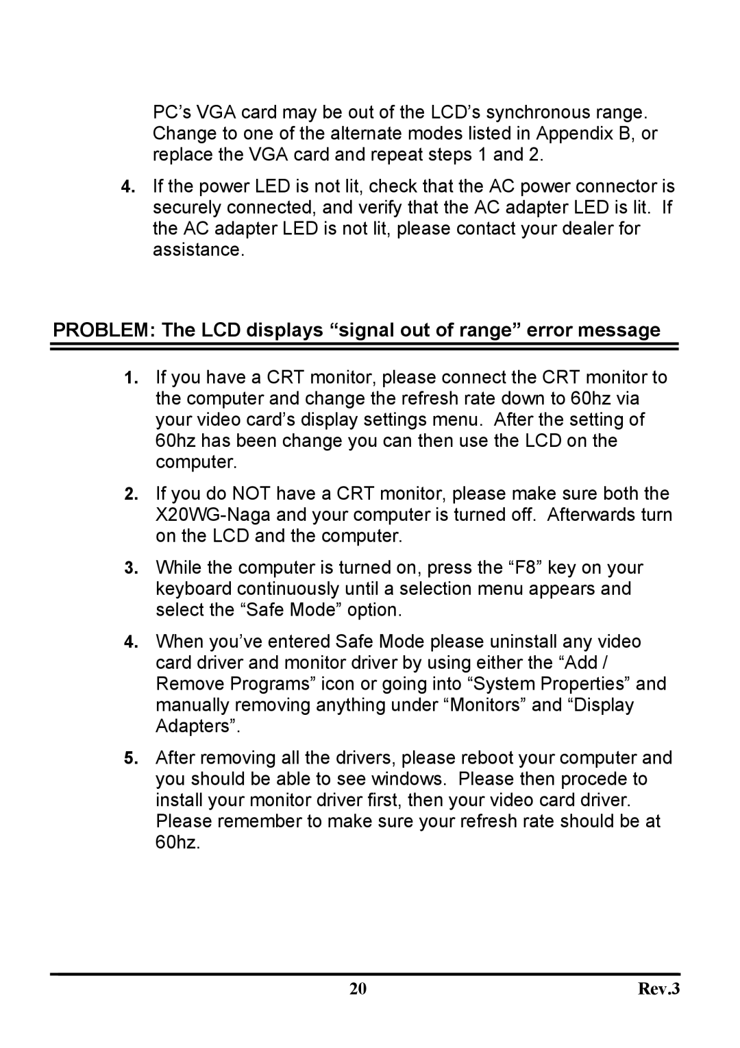 Sceptre Technologies X20WG-Naga user manual Problem The LCD displays signal out of range error message 