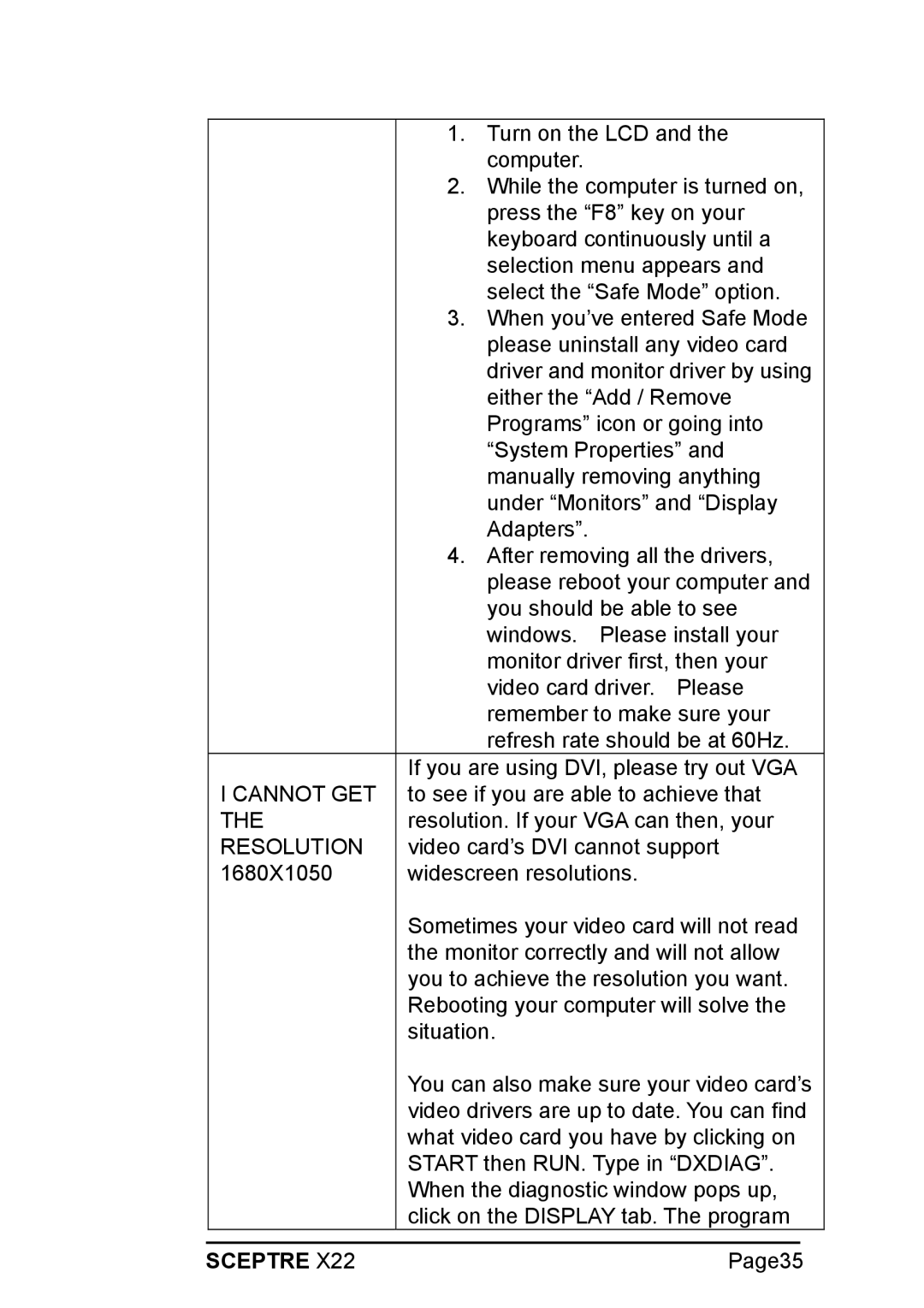 Sceptre Technologies X22 warranty Cannot GET 