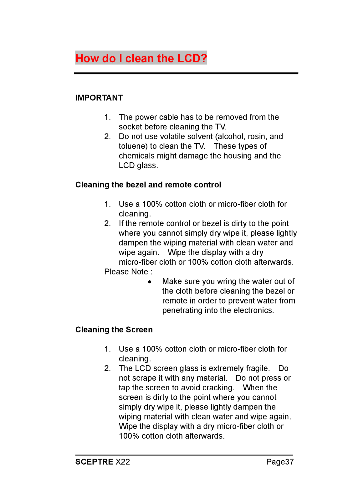 Sceptre Technologies X22 warranty How do I clean the LCD?, Cleaning the bezel and remote control 