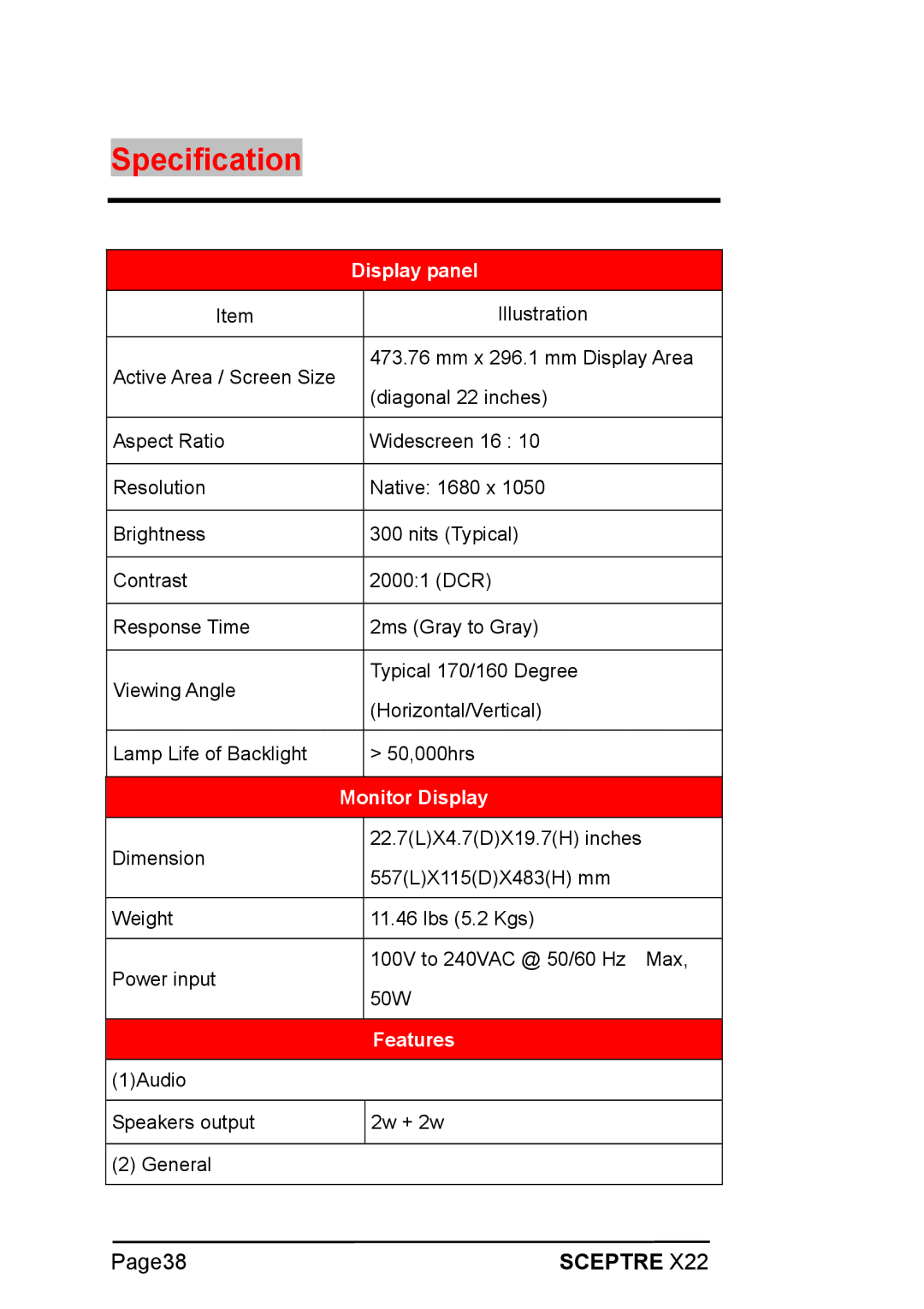 Sceptre Technologies X22 warranty Specification, Display panel 