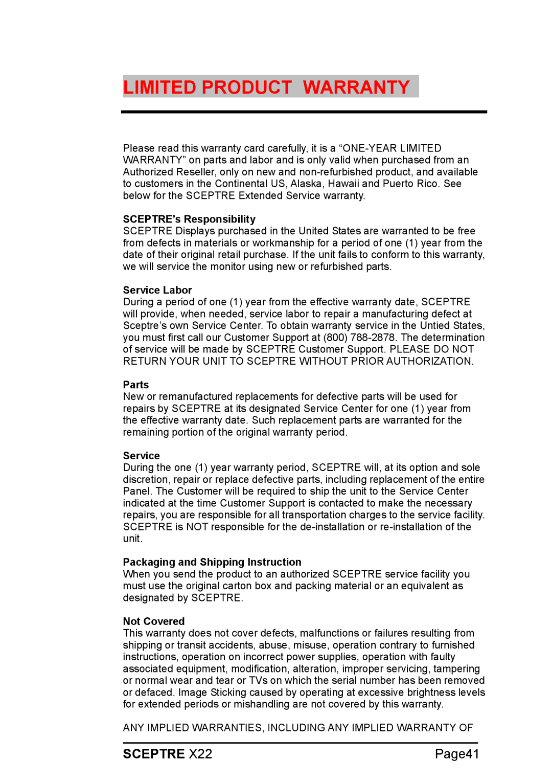 Sceptre Technologies X22 warranty Limited Product Warranty 