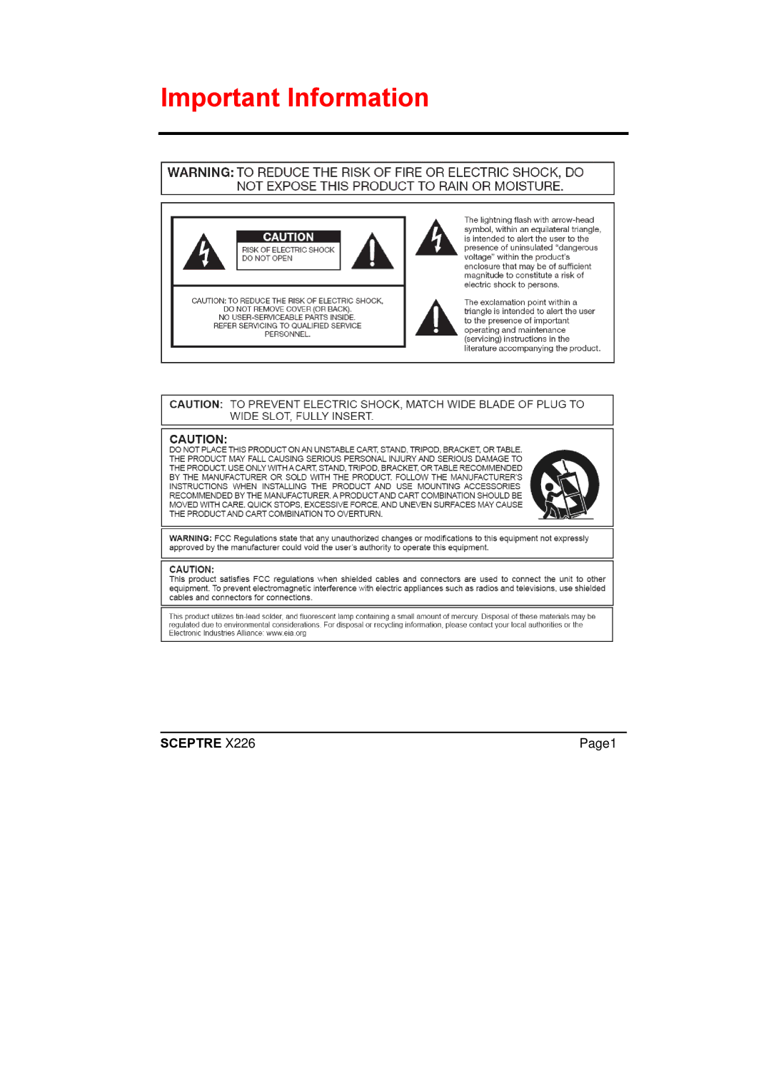 Sceptre Technologies X226 manual Important Information 