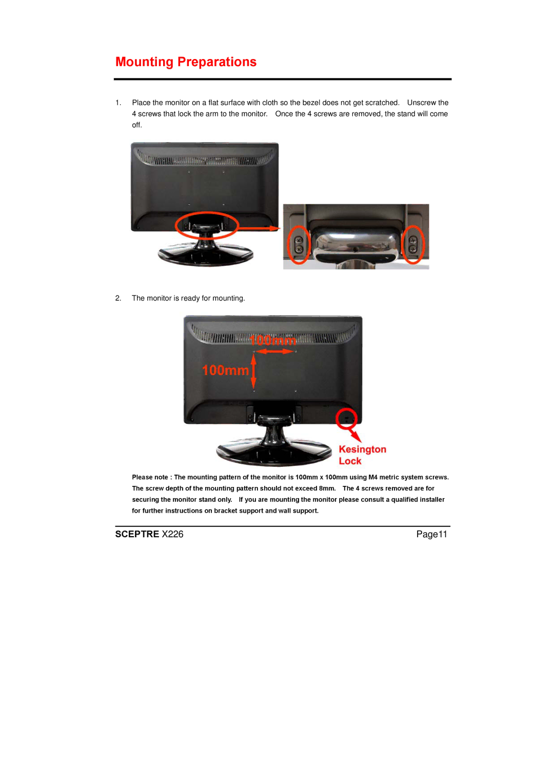 Sceptre Technologies X226 manual Mounting Preparations 