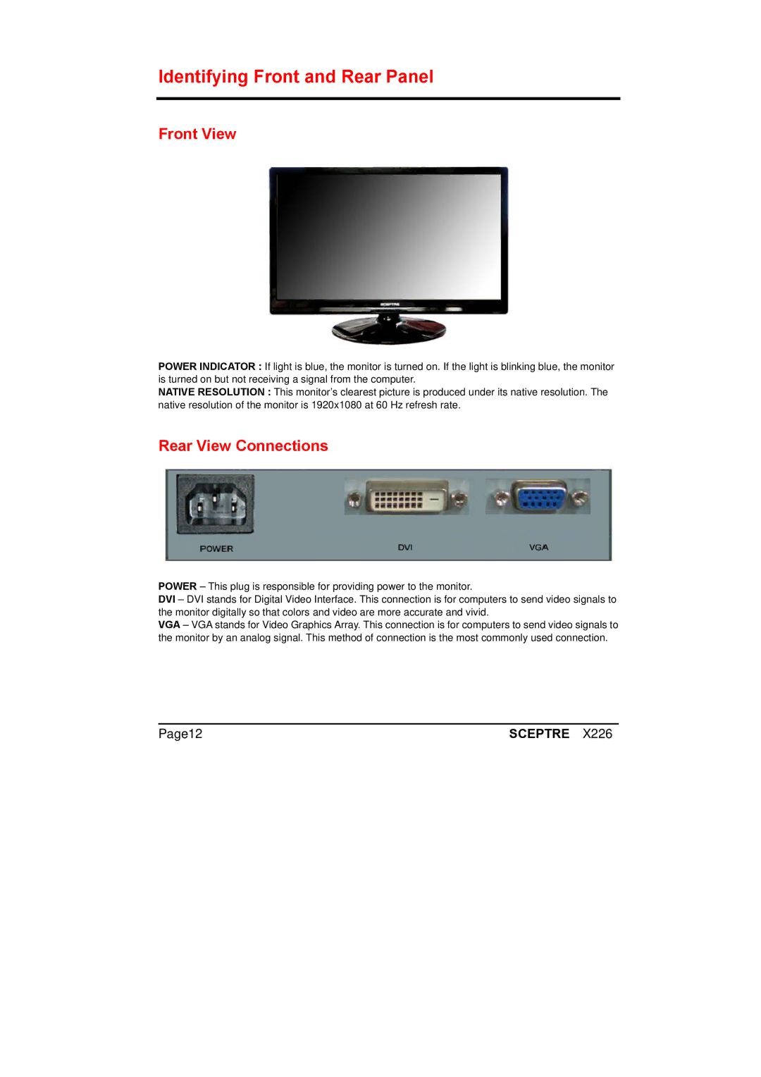 Sceptre Technologies X226 manual Identifying Front and Rear Panel, Front View 