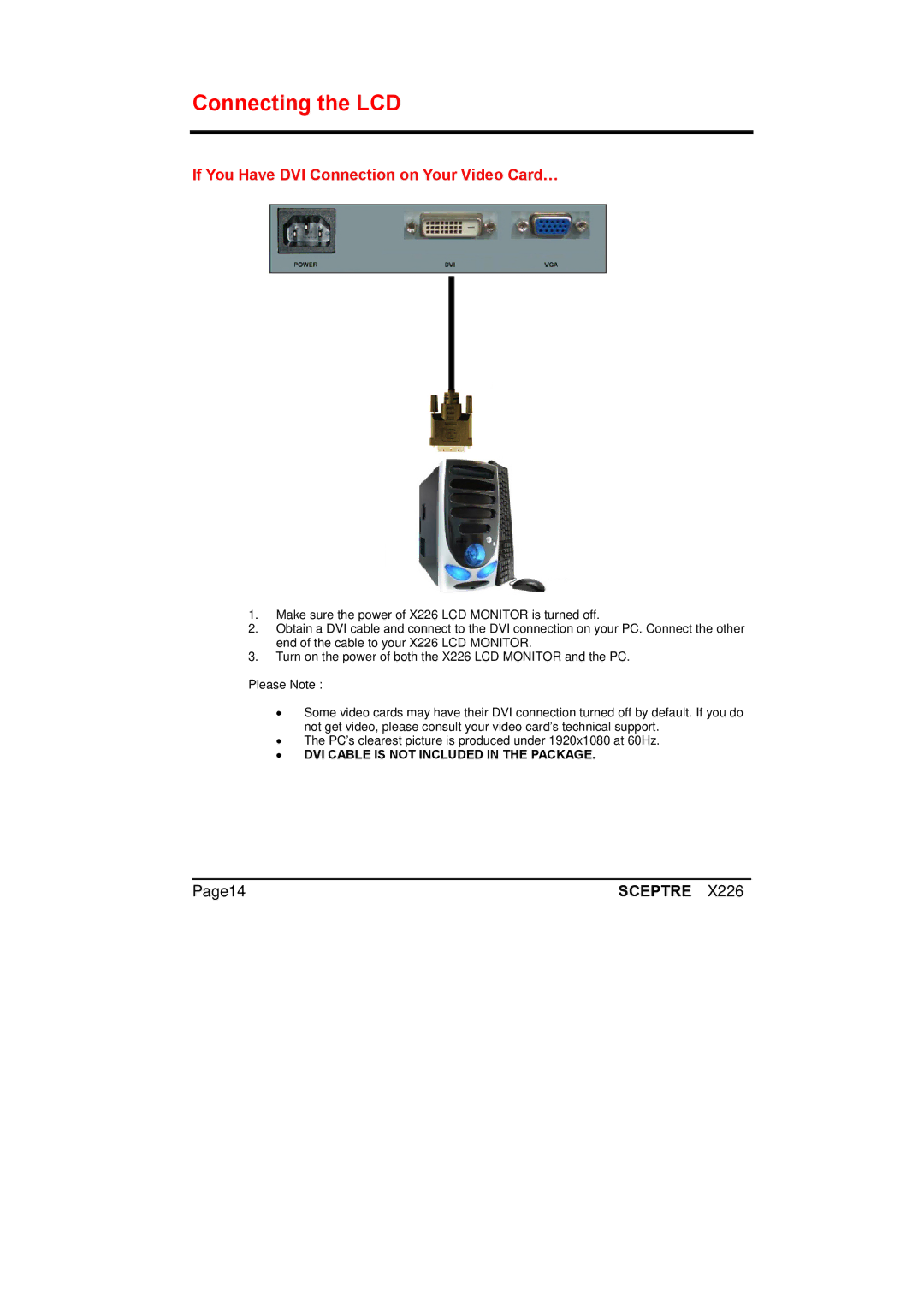 Sceptre Technologies X226 manual Connecting the LCD, If You Have DVI Connection on Your Video Card… 