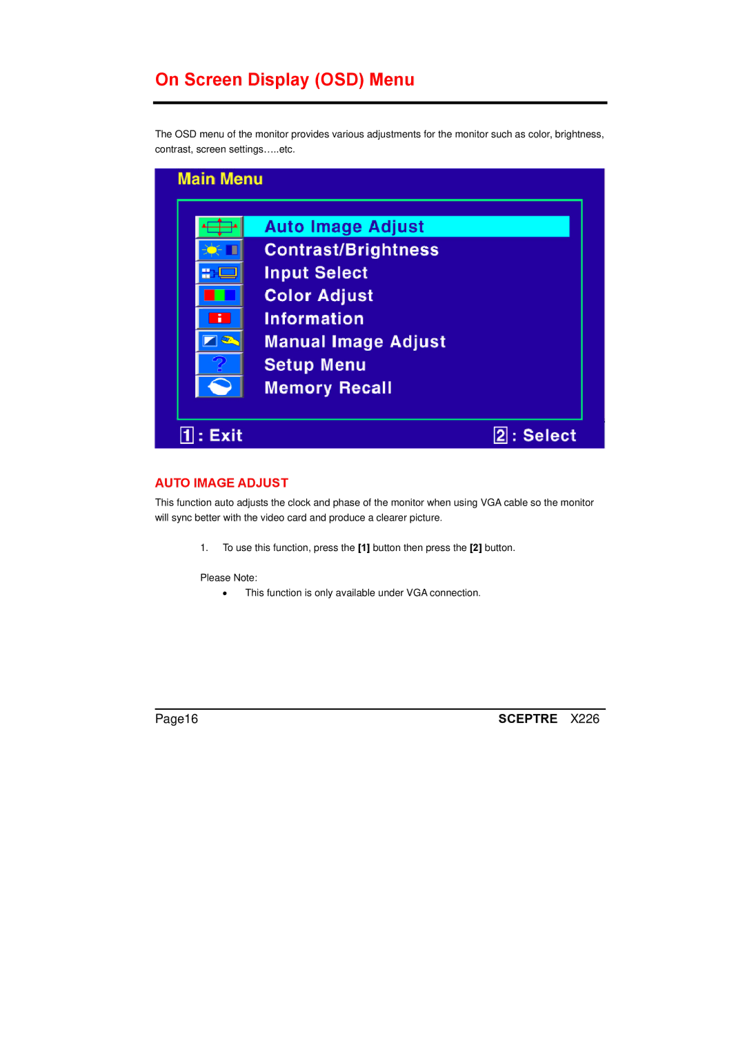 Sceptre Technologies X226 manual On Screen Display OSD Menu, Auto Image Adjust 