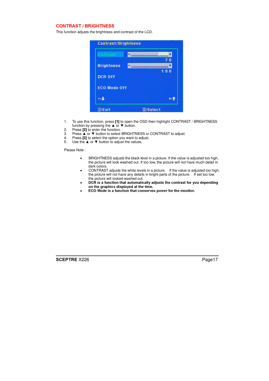 Sceptre Technologies X226 manual Contrast / Brightness 