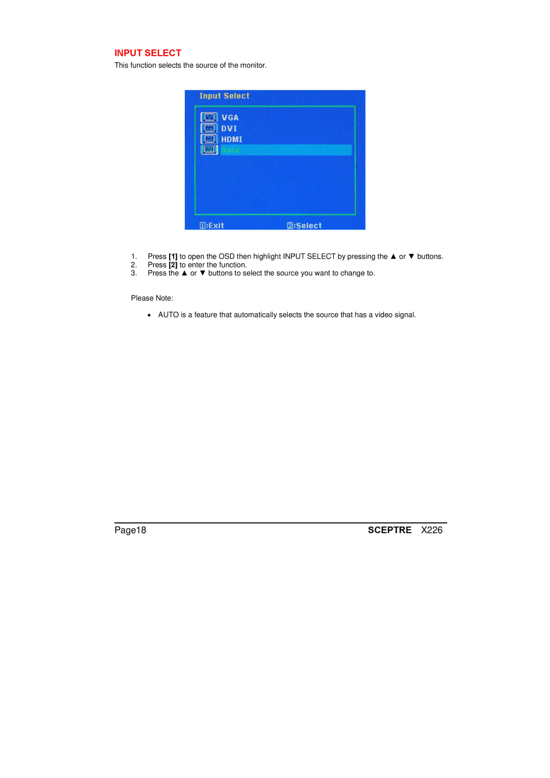 Sceptre Technologies X226 manual Input Select 