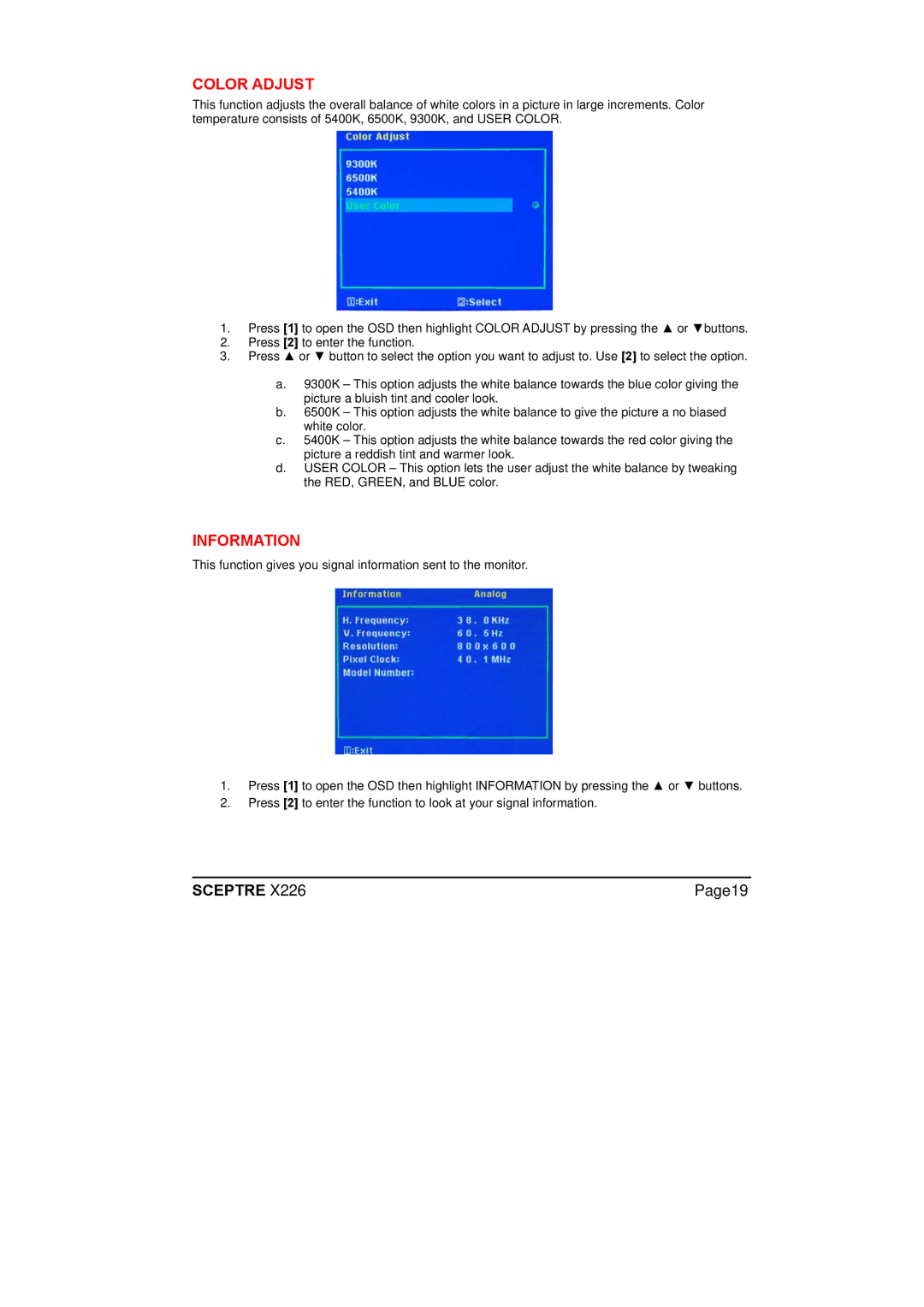 Sceptre Technologies X226 manual Color Adjust, Information 