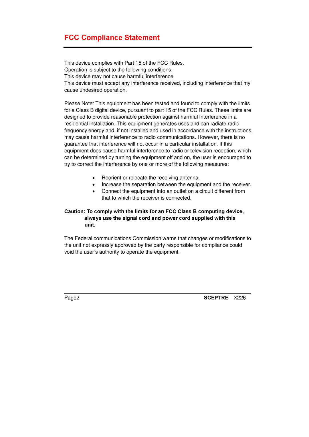 Sceptre Technologies X226 manual FCC Compliance Statement 