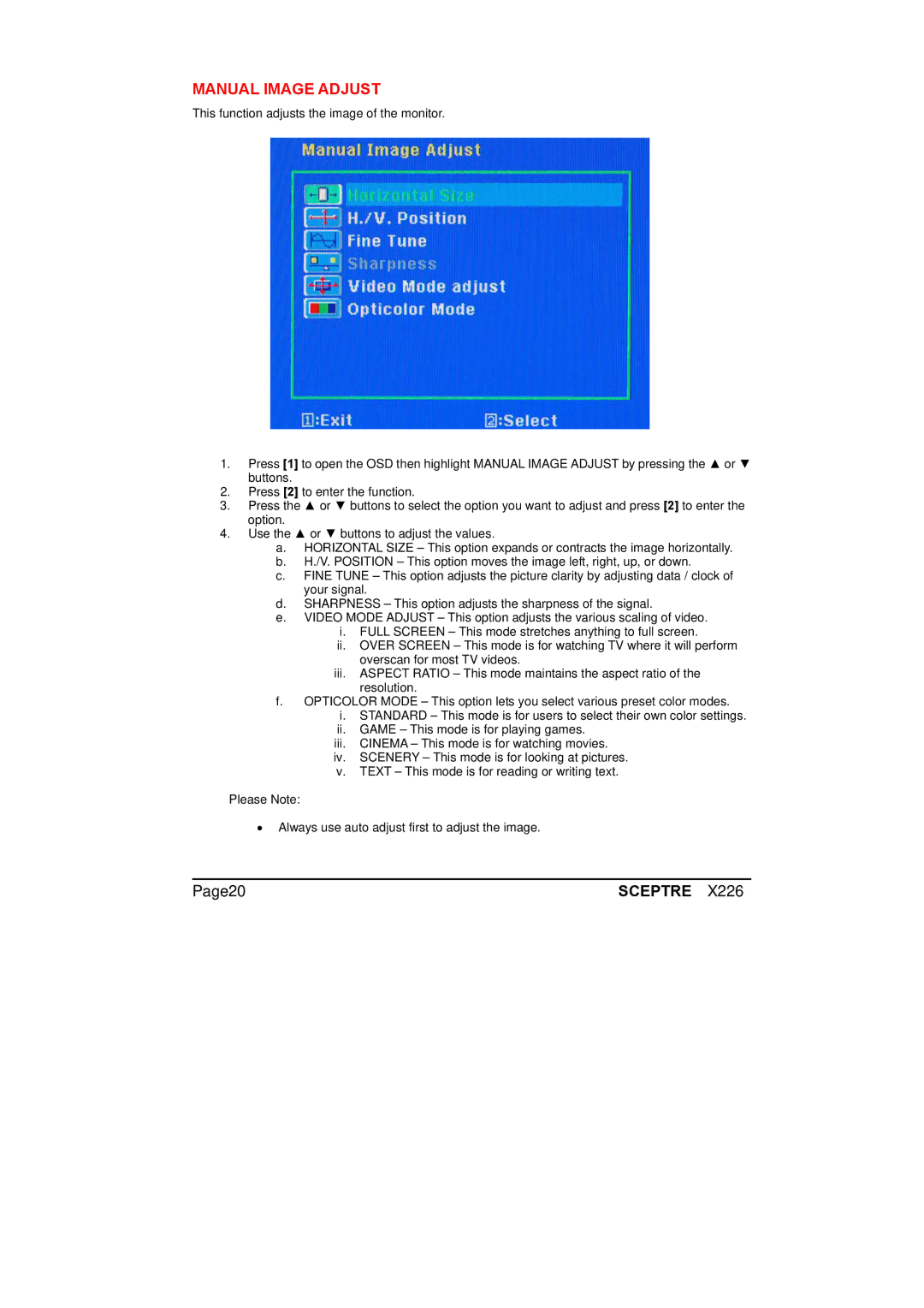 Sceptre Technologies X226 manual Manual Image Adjust 