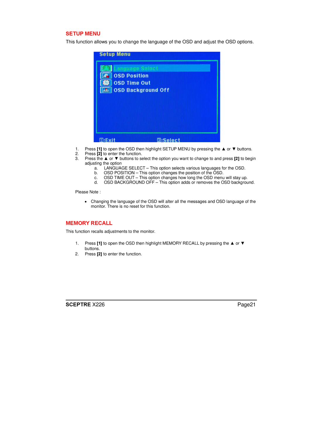 Sceptre Technologies X226 manual Setup Menu, Memory Recall 