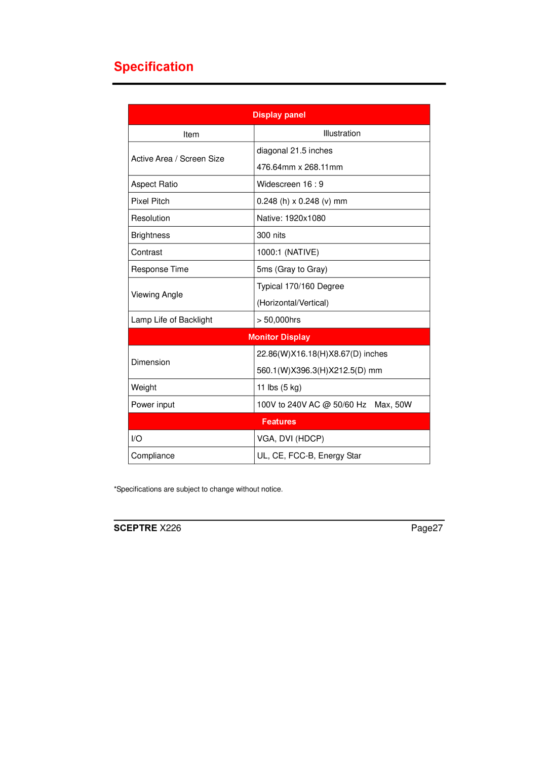 Sceptre Technologies X226 manual Specification, Display panel 