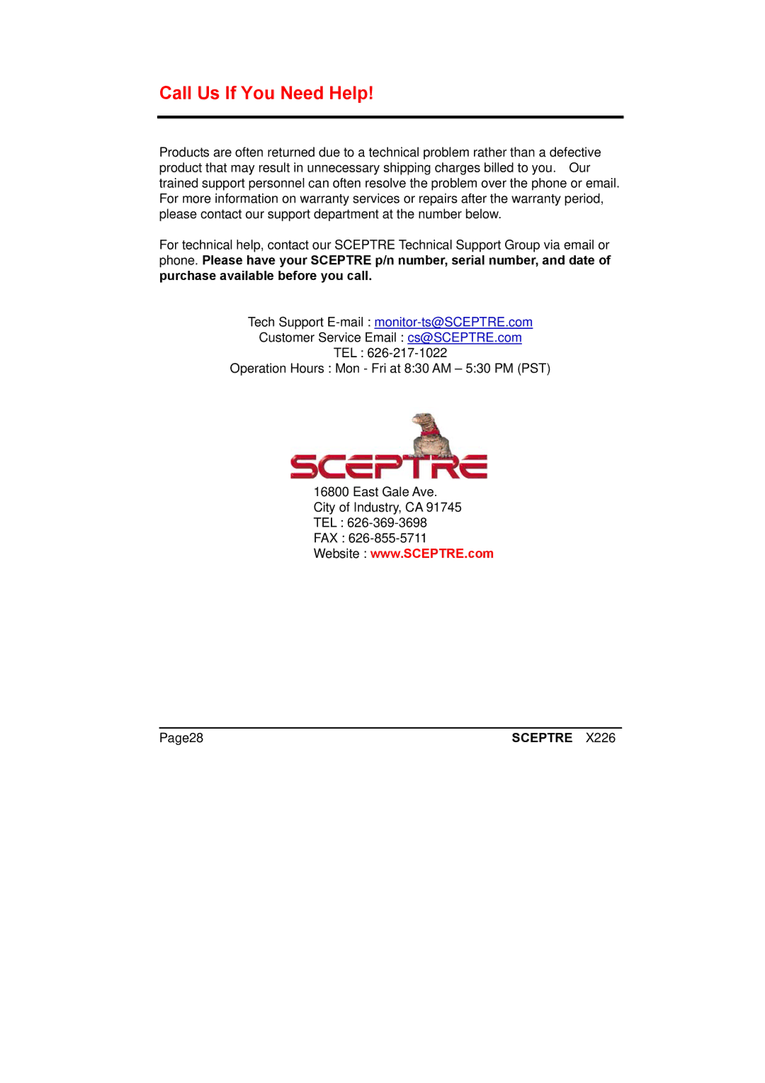 Sceptre Technologies X226 manual Call Us If You Need Help 