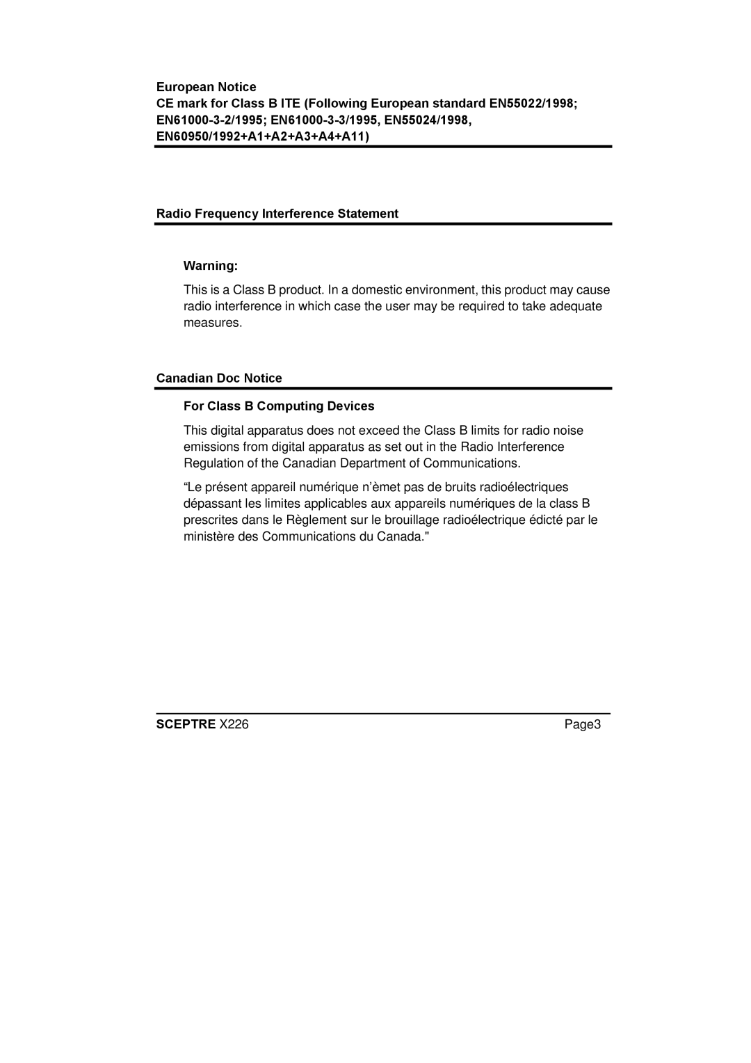 Sceptre Technologies X226 manual Canadian Doc Notice For Class B Computing Devices 