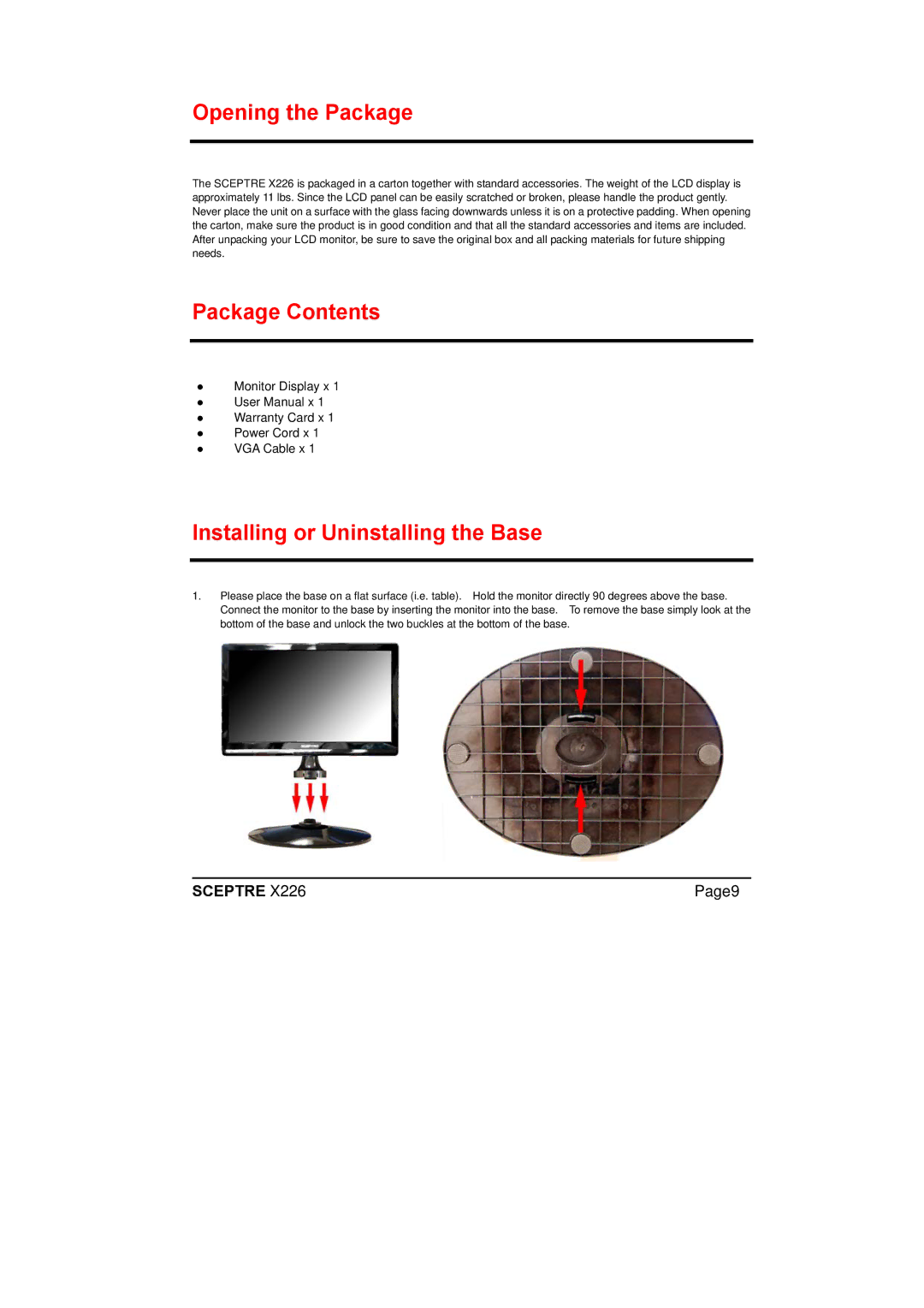 Sceptre Technologies X226 manual Opening the Package, Package Contents, Installing or Uninstalling the Base 