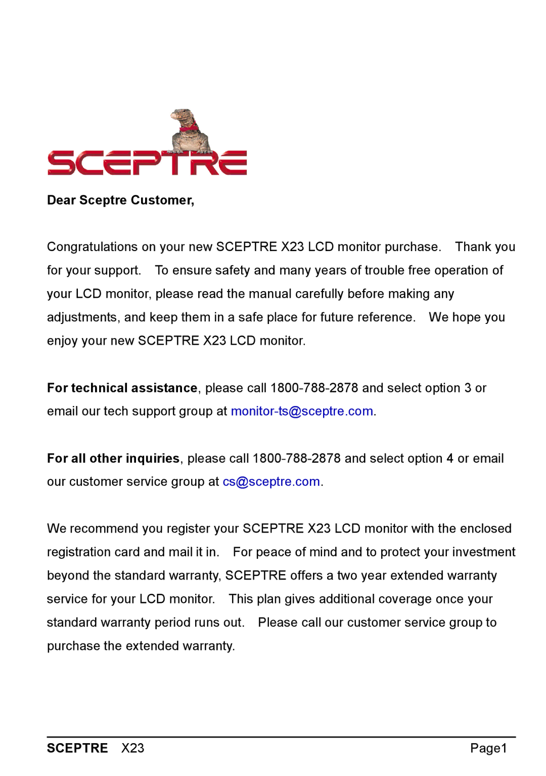 Sceptre Technologies X23 warranty Sceptre 