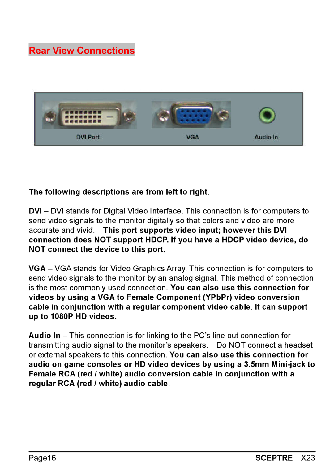 Sceptre Technologies X23 warranty Rear View Connections 