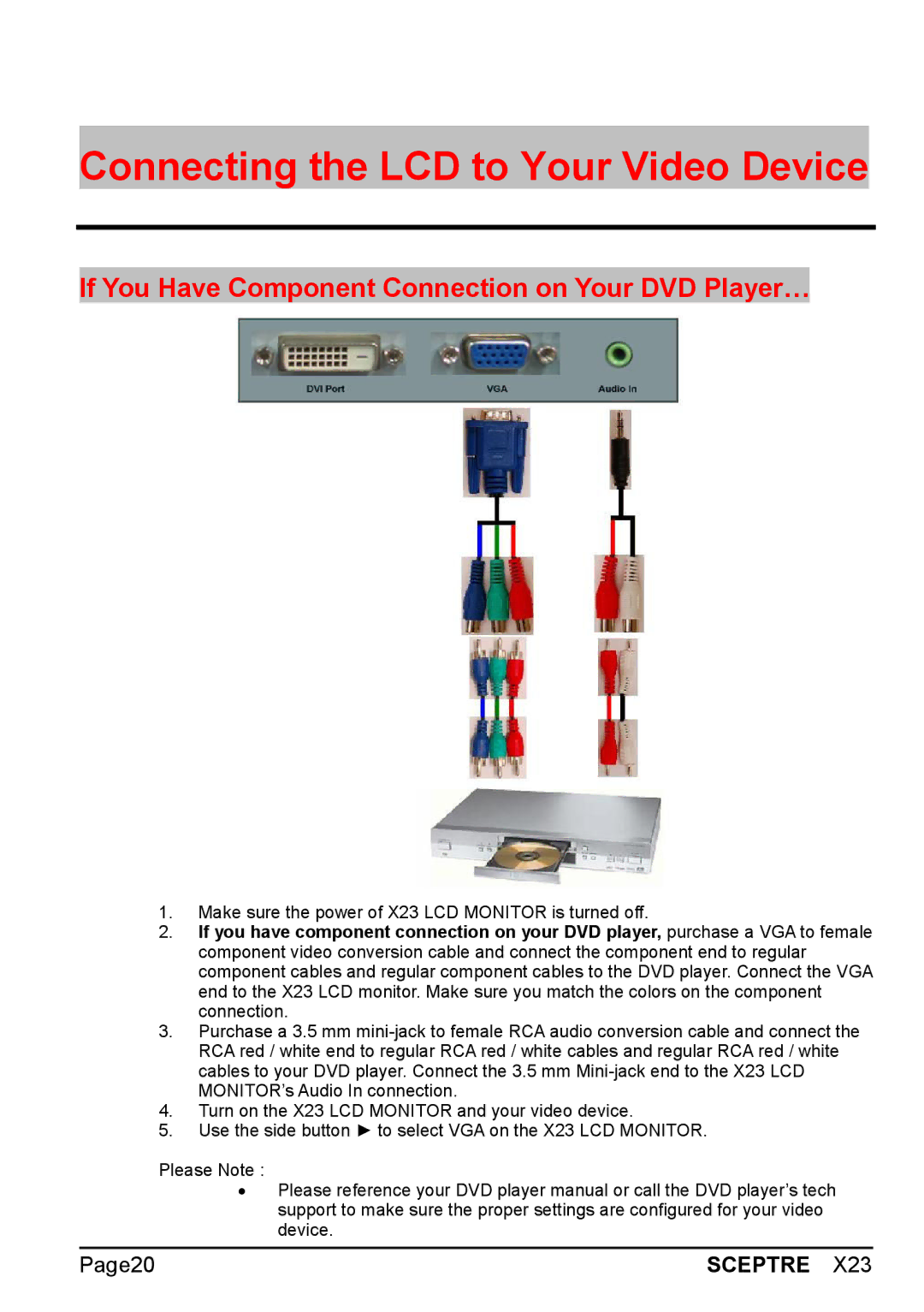 Sceptre Technologies X23 Connecting the LCD to Your Video Device, If You Have Component Connection on Your DVD Player… 