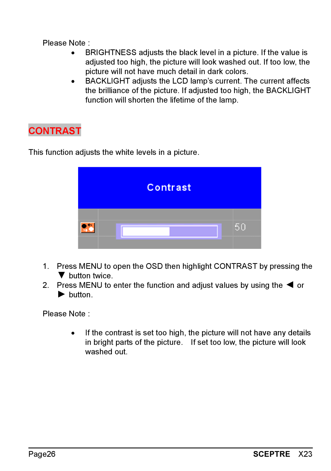 Sceptre Technologies X23 warranty Contrast 