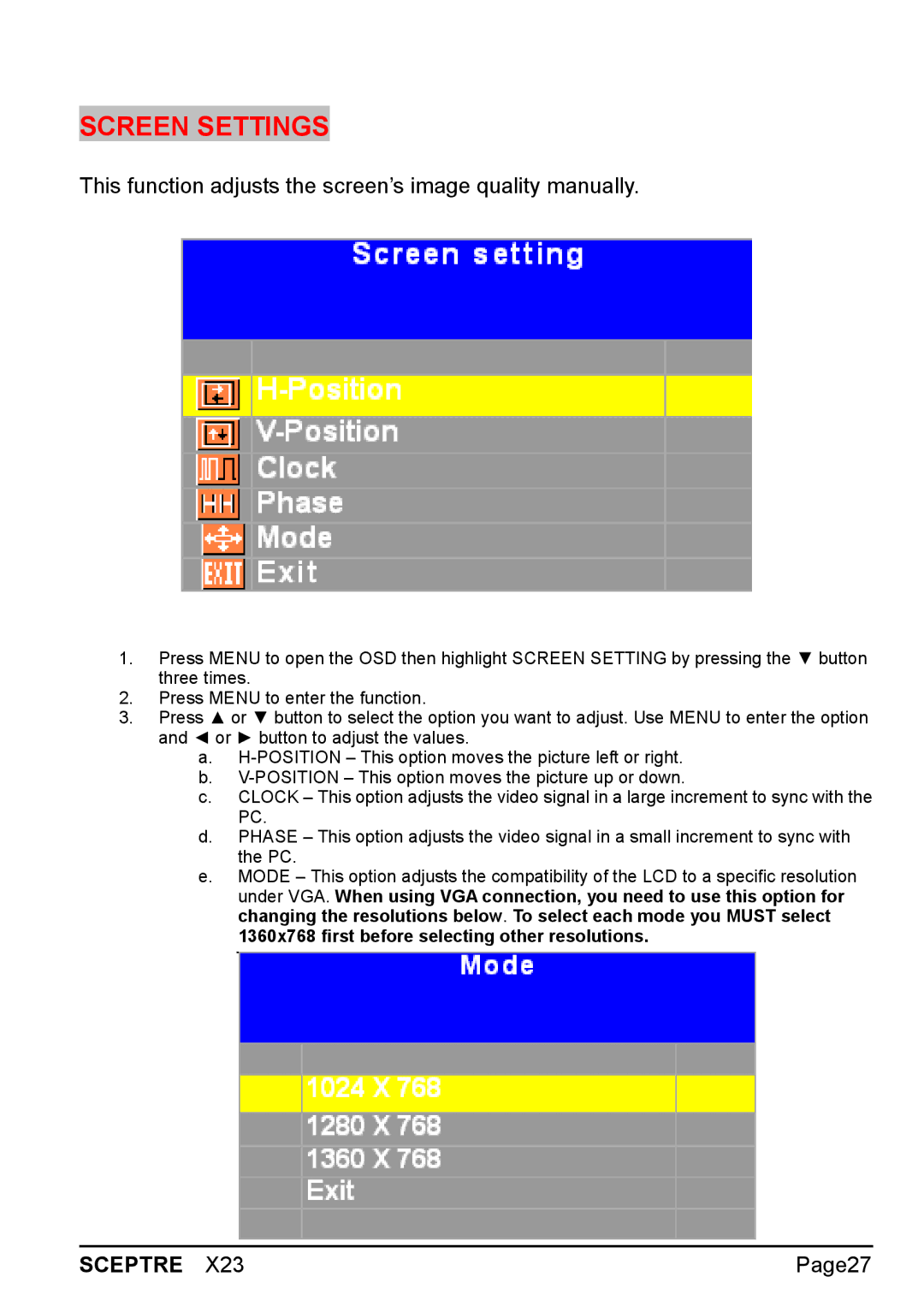 Sceptre Technologies X23 warranty Screen Settings, This function adjusts the screen’s image quality manually 