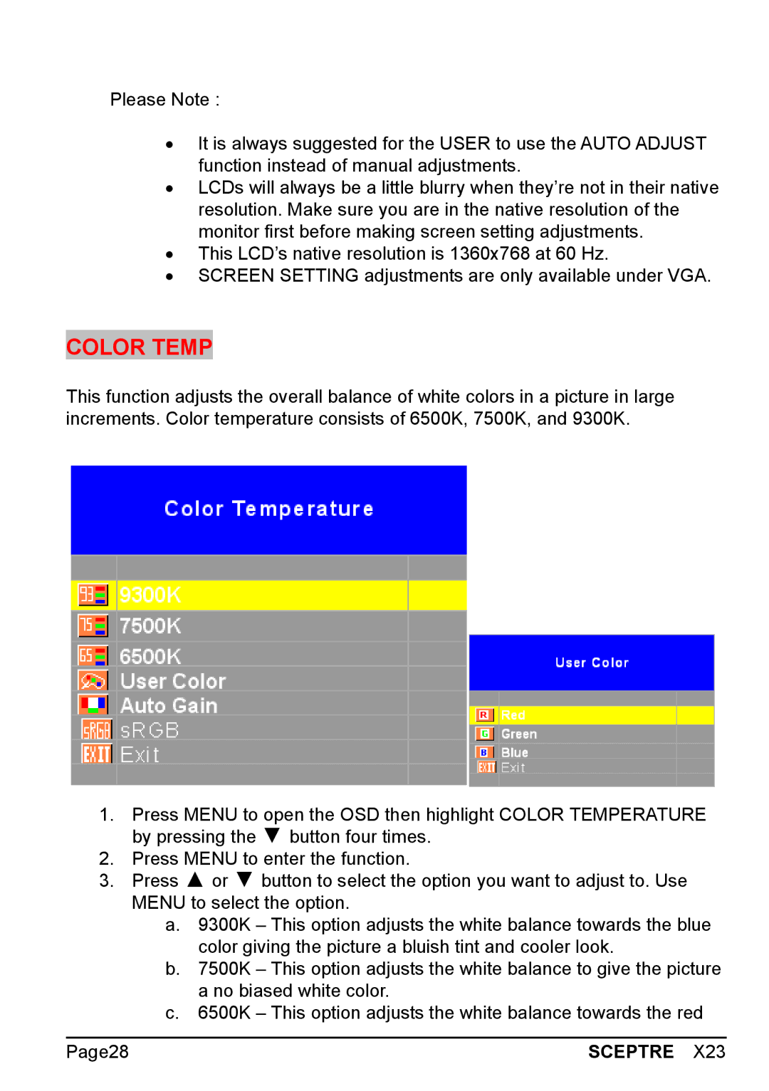 Sceptre Technologies X23 warranty Color Temp 