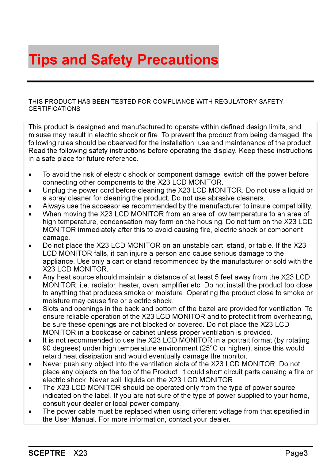 Sceptre Technologies X23 warranty Tips and Safety Precautions, Page3 