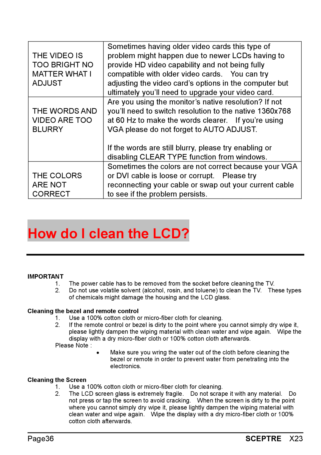 Sceptre Technologies X23 warranty How do I clean the LCD?, Adjust 