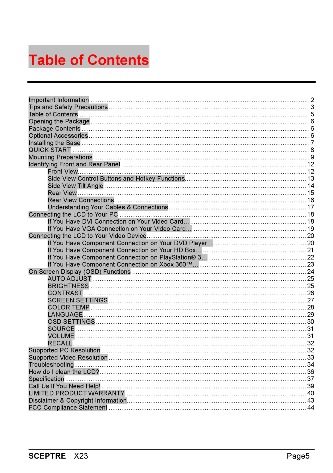 Sceptre Technologies X23 warranty Table of Contents 