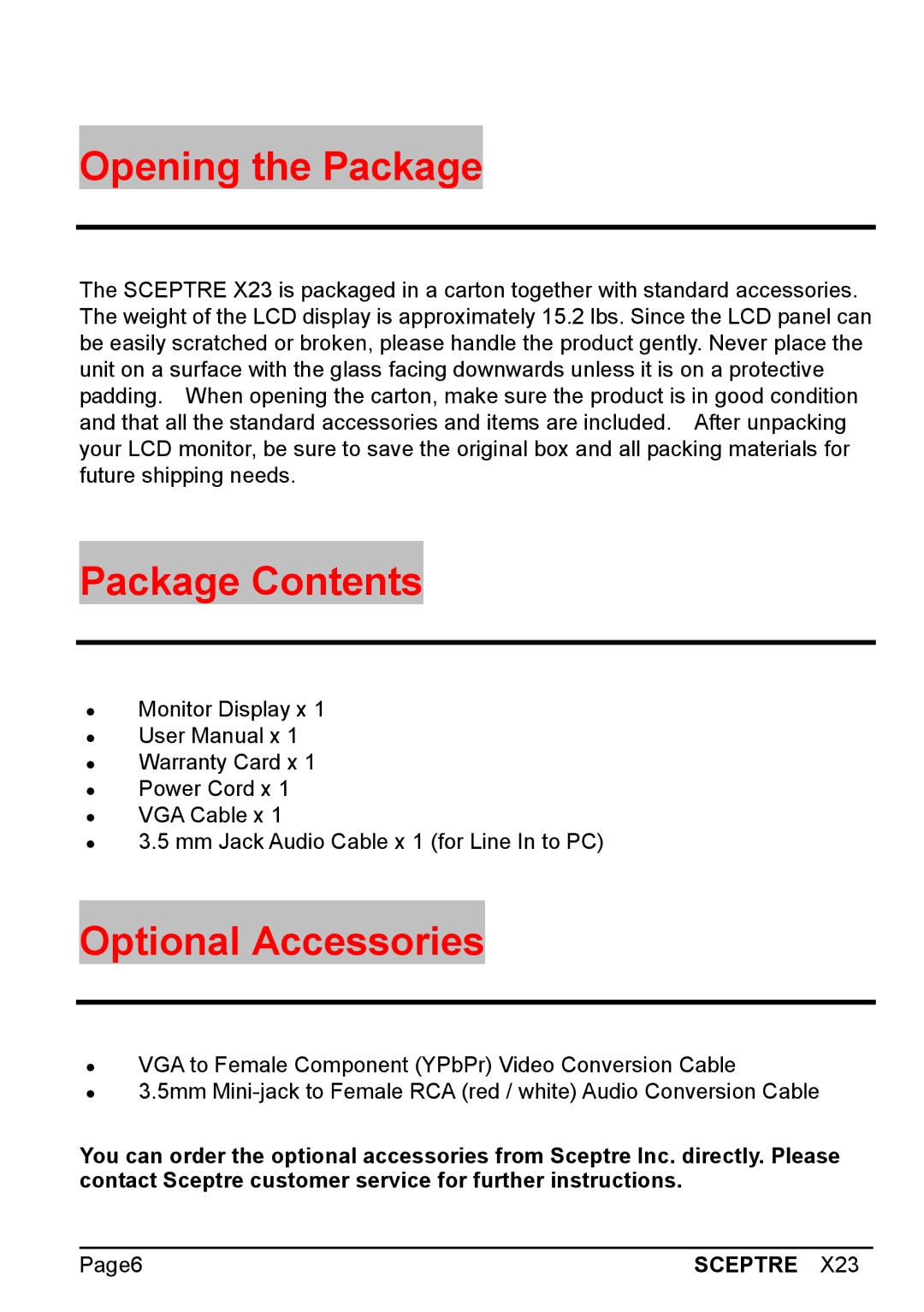 Sceptre Technologies X23 warranty Opening the Package, Package Contents, Optional Accessories 