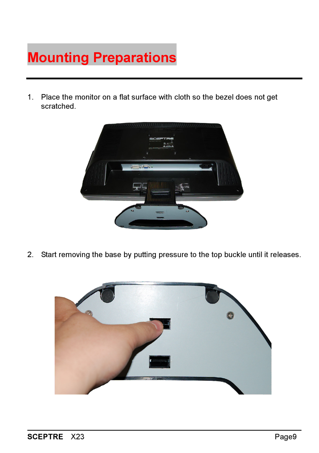 Sceptre Technologies X23 warranty Mounting Preparations 