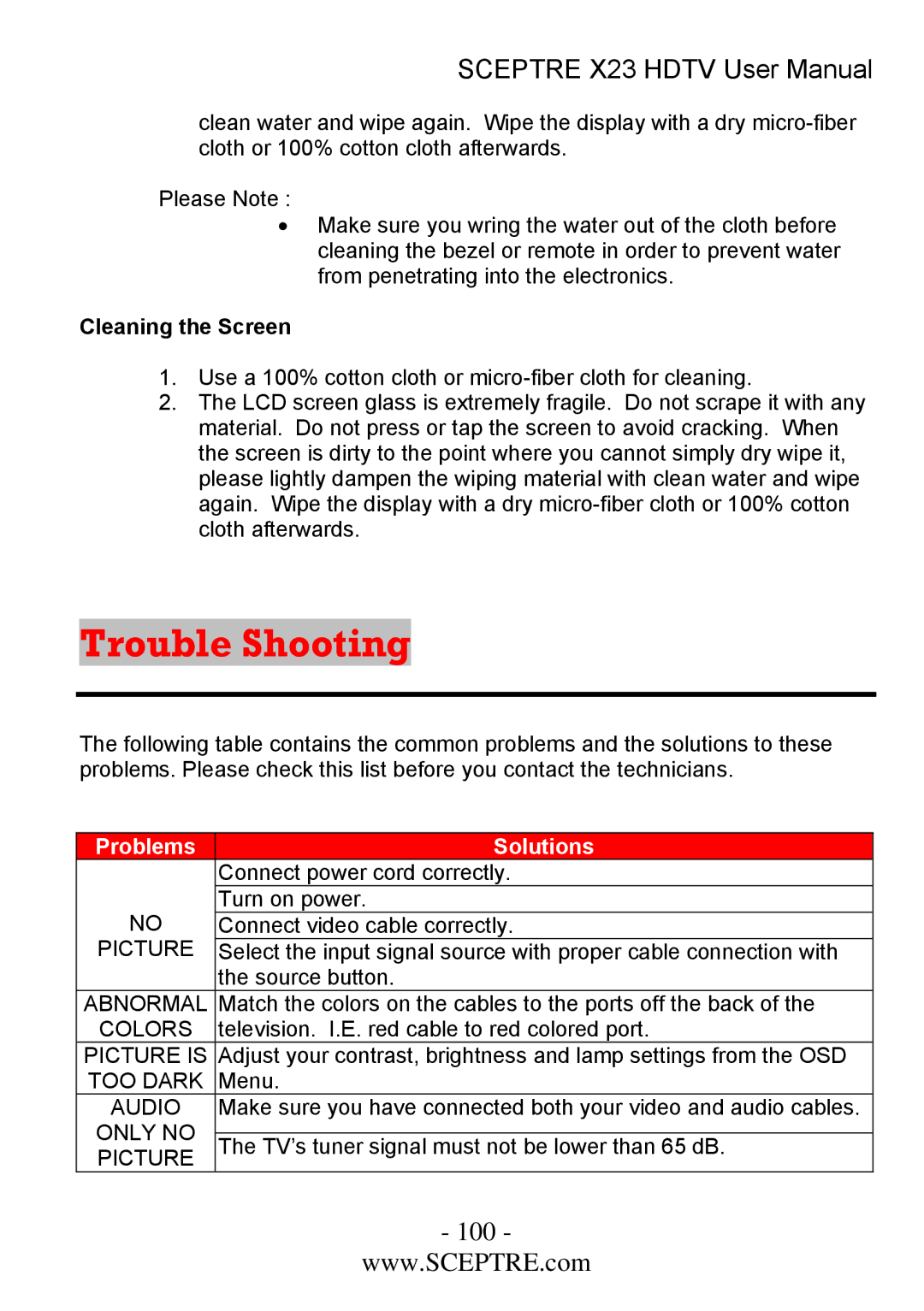 Sceptre Technologies X23 user manual Trouble Shooting, Cleaning the Screen 