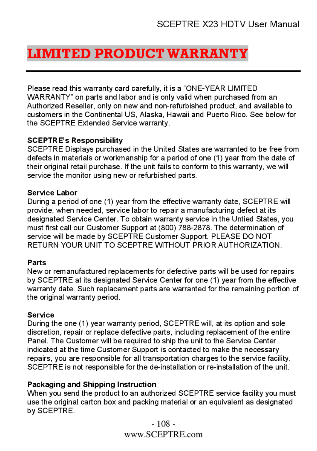 Sceptre Technologies X23 user manual SCEPTRE’s Responsibility, Service Labor, Parts, Packaging and Shipping Instruction 