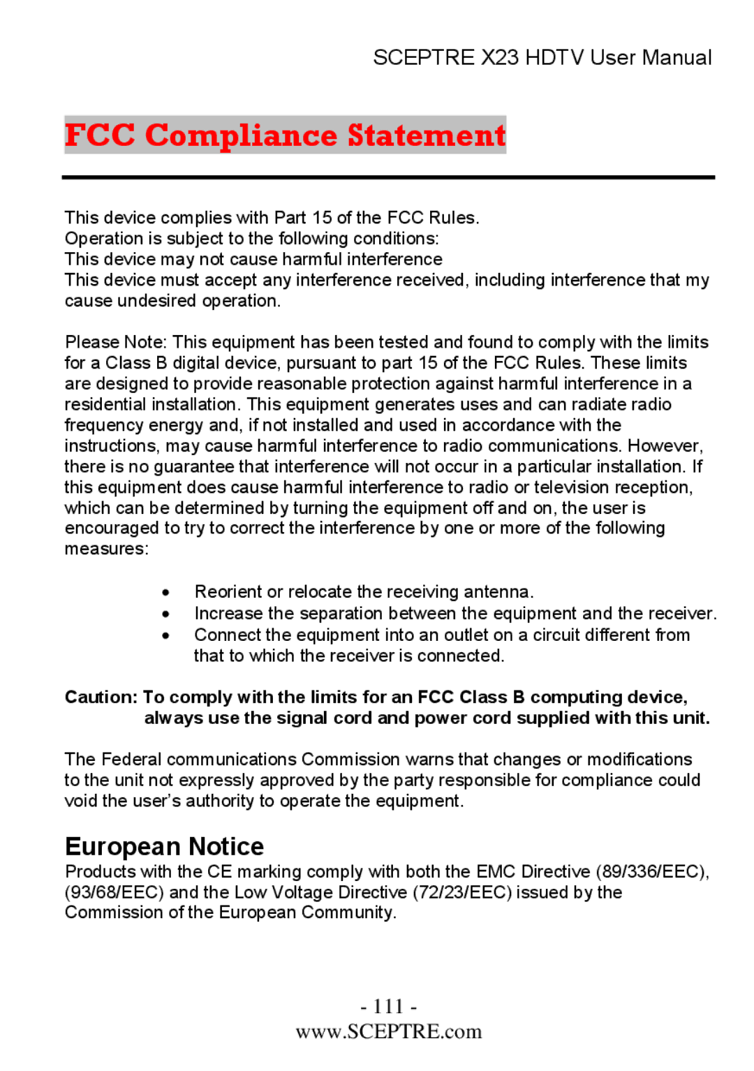 Sceptre Technologies X23 user manual FCC Compliance Statement, European Notice 