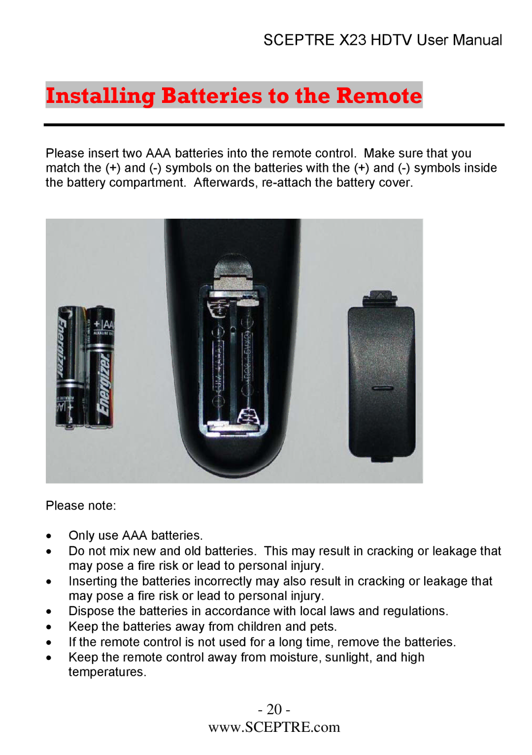 Sceptre Technologies X23 user manual Installing Batteries to the Remote 