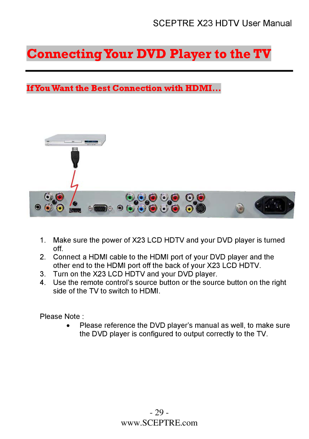 Sceptre Technologies X23 user manual Connecting Your DVD Player to the TV, If You Want the Best Connection with HDMI… 