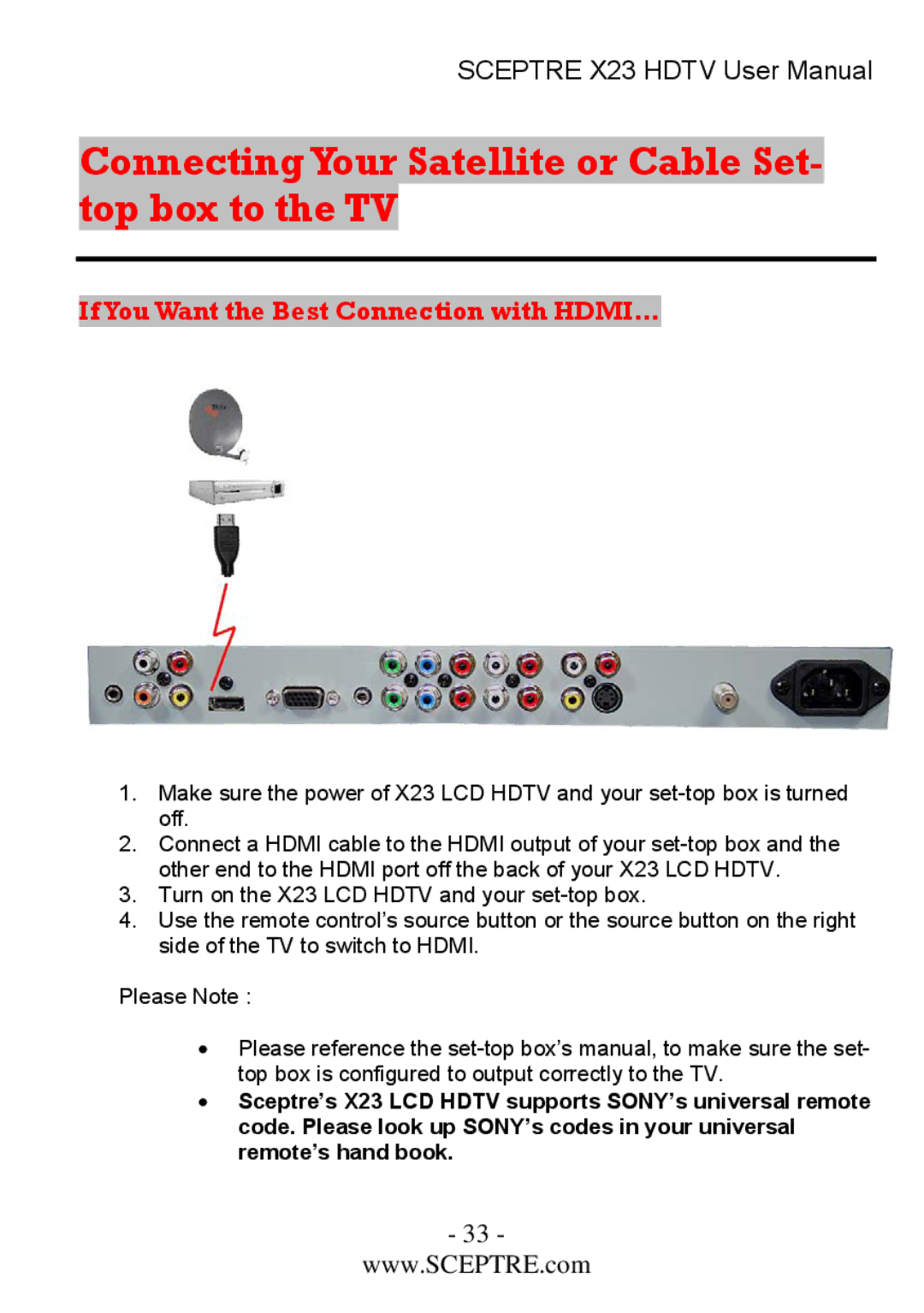 Sceptre Technologies X23 user manual Connecting Your Satellite or Cable Set- top box to the TV 