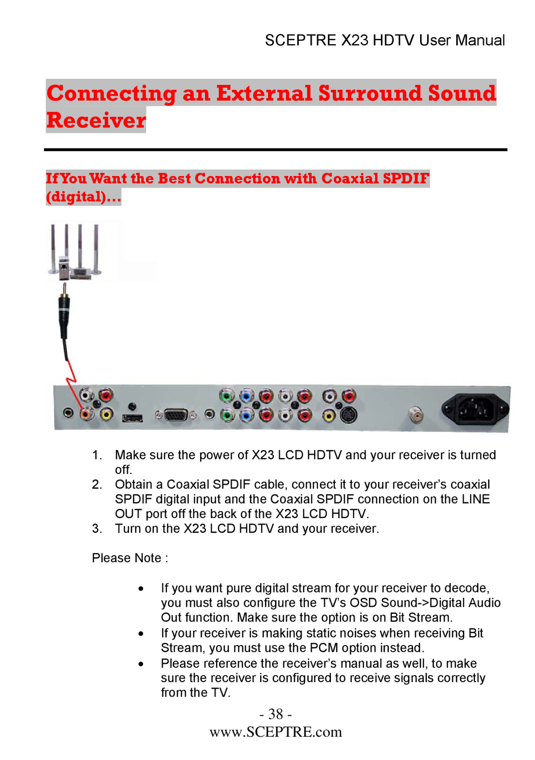 Sceptre Technologies X23 user manual Connecting an External Surround Sound Receiver 