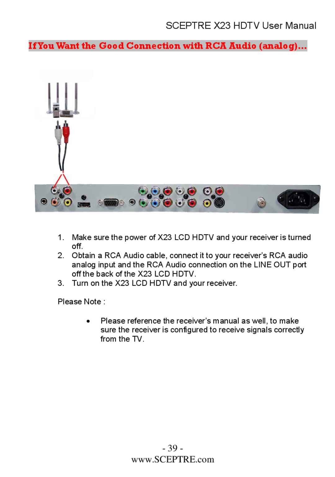 Sceptre Technologies X23 user manual If You Want the Good Connection with RCA Audio analog… 