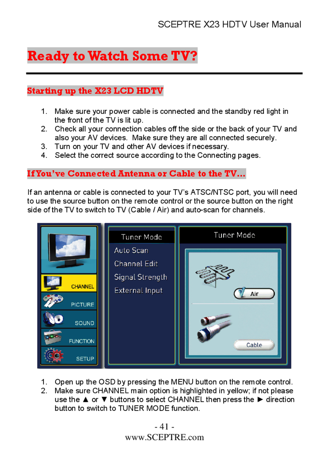 Sceptre Technologies user manual Ready to Watch Some TV?, Starting up the X23 LCD Hdtv 