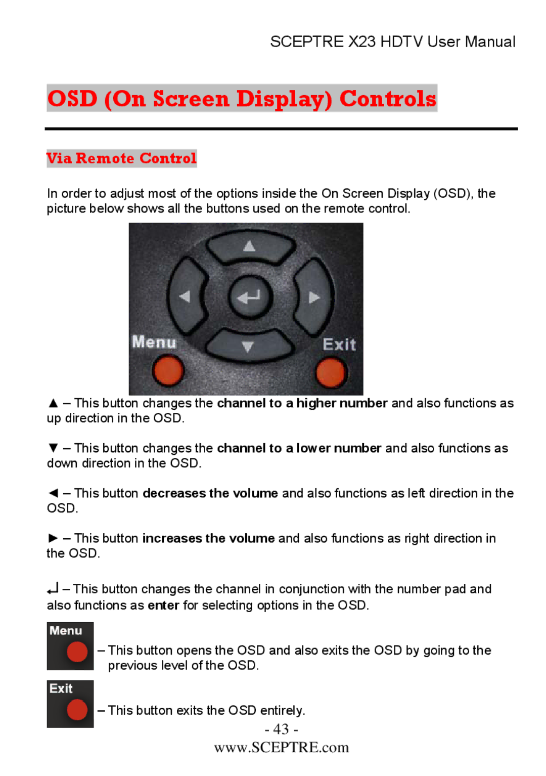 Sceptre Technologies X23 user manual OSD On Screen Display Controls, Via Remote Control 