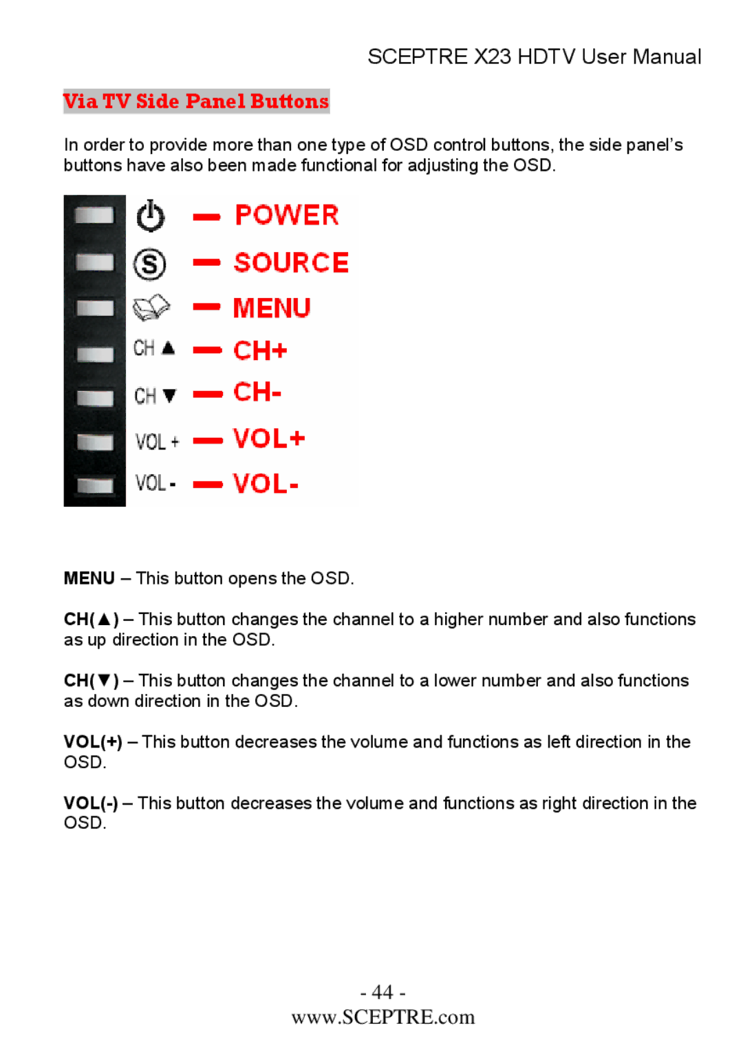 Sceptre Technologies X23 user manual Via TV Side Panel Buttons 