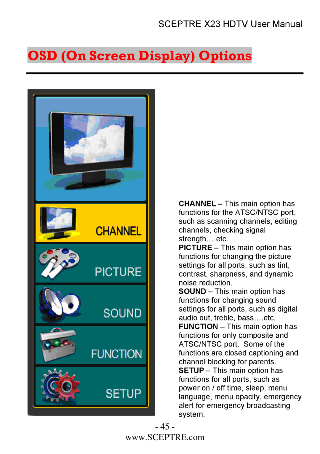 Sceptre Technologies X23 user manual OSD On Screen Display Options 