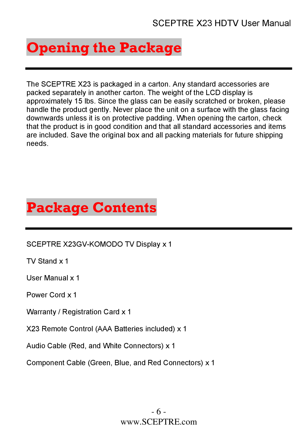 Sceptre Technologies X23 user manual Opening the Package 