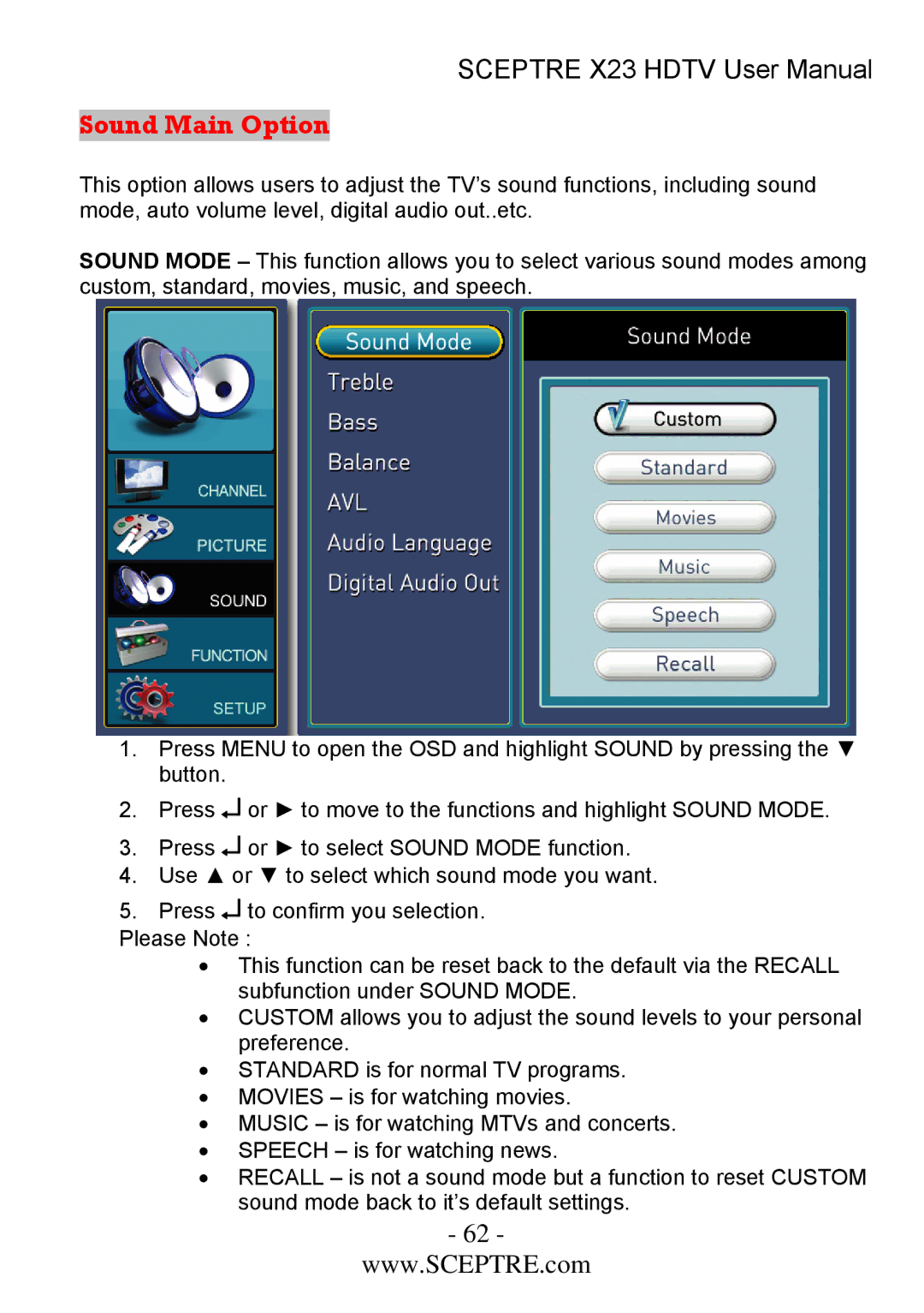 Sceptre Technologies X23 user manual Sound Main Option 